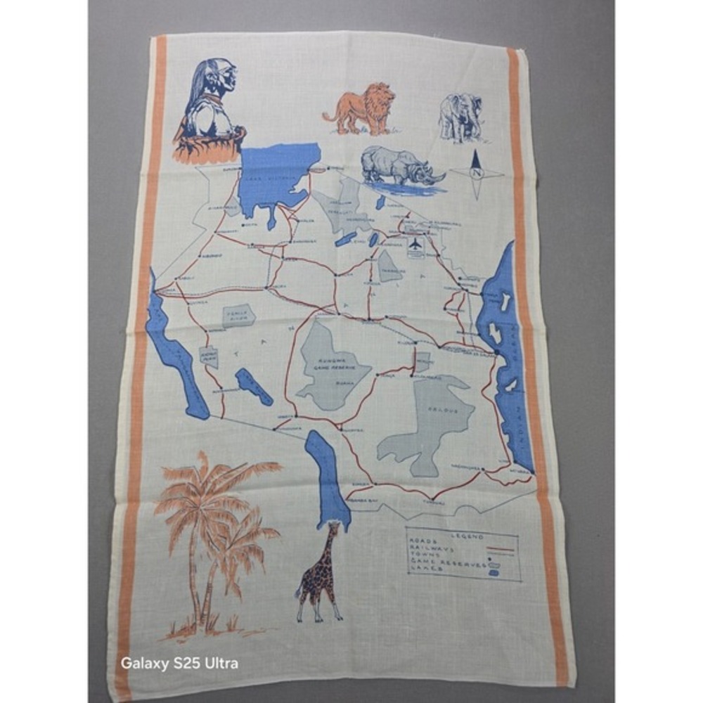 Africa Map Tea Towel Linen Living in Africa Giraffe Lion Rhino
